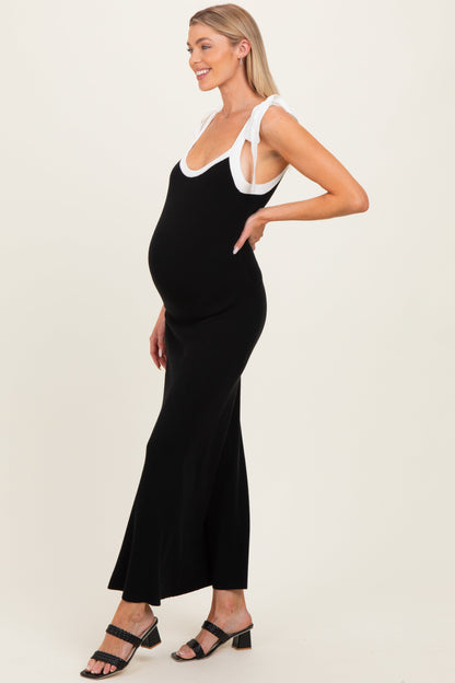 Black Knit Contrast Shoulder Tie Maternity Dress