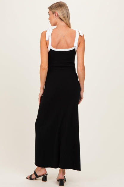 Black Knit Contrast Shoulder Tie Maternity Dress