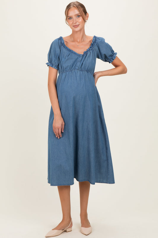 Blue Chambray Ruffle Neckline Maternity Midi Dress