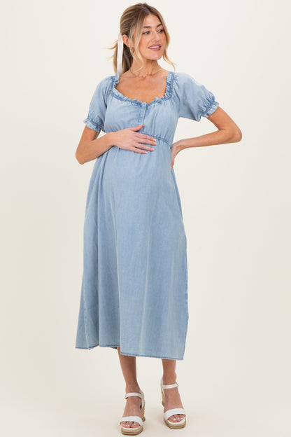 Light Blue Chambray Ruffle Neckline Maternity Midi Dress