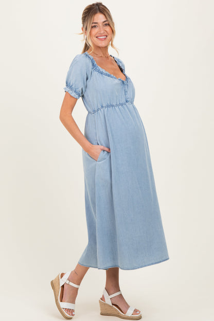 Light Blue Chambray Ruffle Neckline Maternity Midi Dress