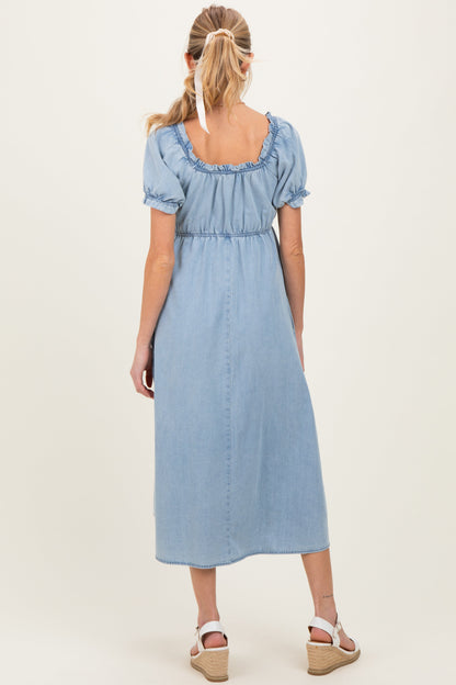 Light Blue Chambray Ruffle Neckline Maternity Midi Dress