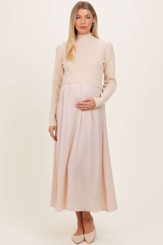 Light Beige Knit Contrast Top Satin Maternity Midi Dress