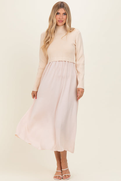 Light Beige Knit Contrast Top Satin Maternity Midi Dress