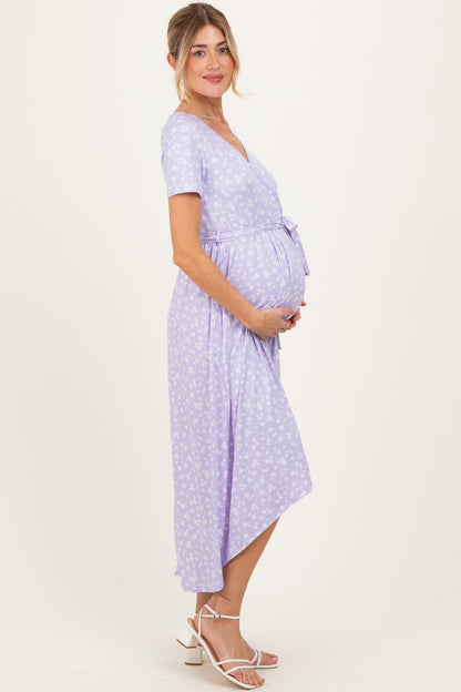 Lavender Floral Print Short Sleeve Hi-Low Maternity Wrap Dress