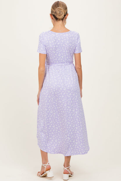 Lavender Floral Print Short Sleeve Hi-Low Maternity Wrap Dress