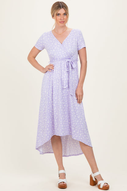 Lavender Floral Print Short Sleeve Hi-Low Maternity Wrap Dress