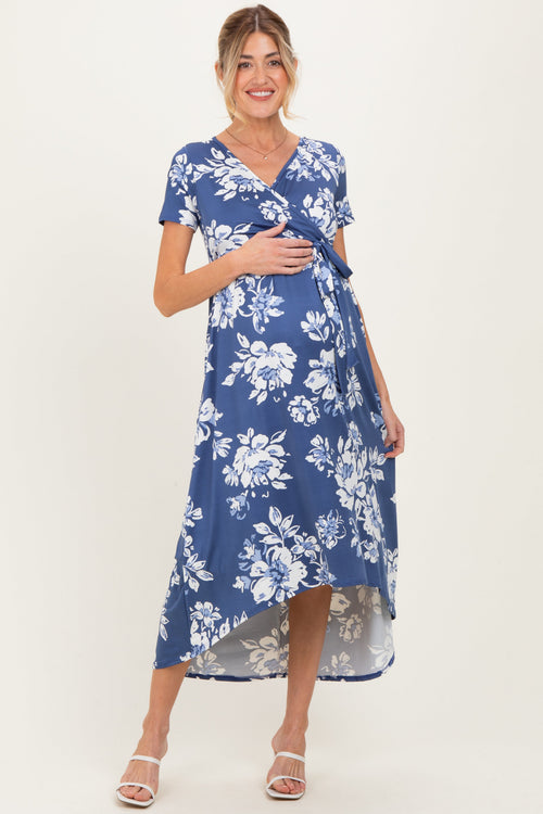 Denim Blue Floral Print Short Sleeve Hi-Low Maternity Wrap Dress