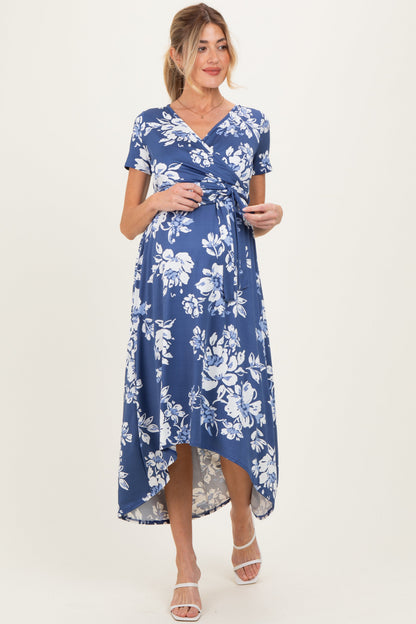 Denim Blue Floral Print Short Sleeve Hi-Low Maternity Wrap Dress