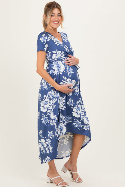 Denim Blue Floral Print Short Sleeve Hi-Low Maternity Wrap Dress