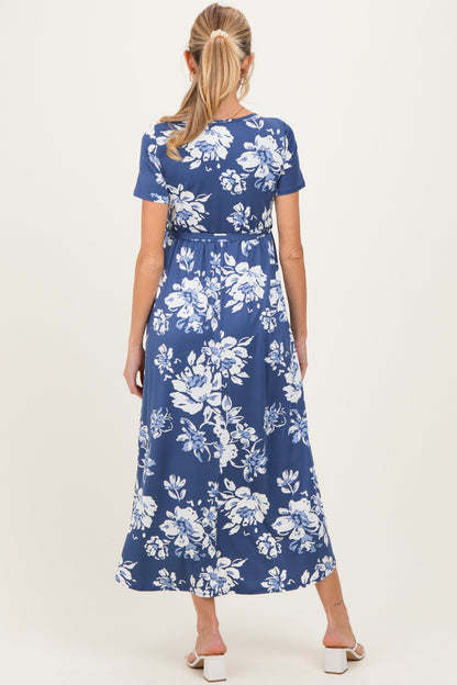 Denim Blue Floral Print Short Sleeve Hi-Low Maternity Wrap Dress