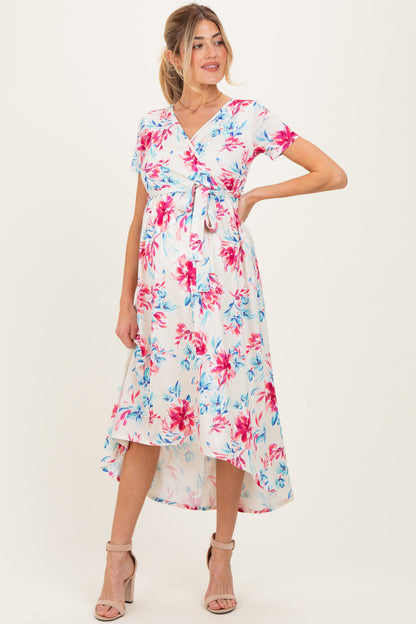 Taupe Floral Print Short Sleeve Hi-Low Maternity Wrap Dress