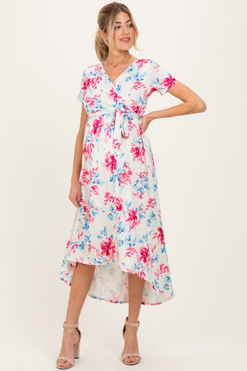 Taupe Floral Print Short Sleeve Hi-Low Maternity Wrap Dress