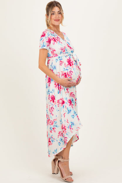 Taupe Floral Print Short Sleeve Hi-Low Maternity Wrap Dress