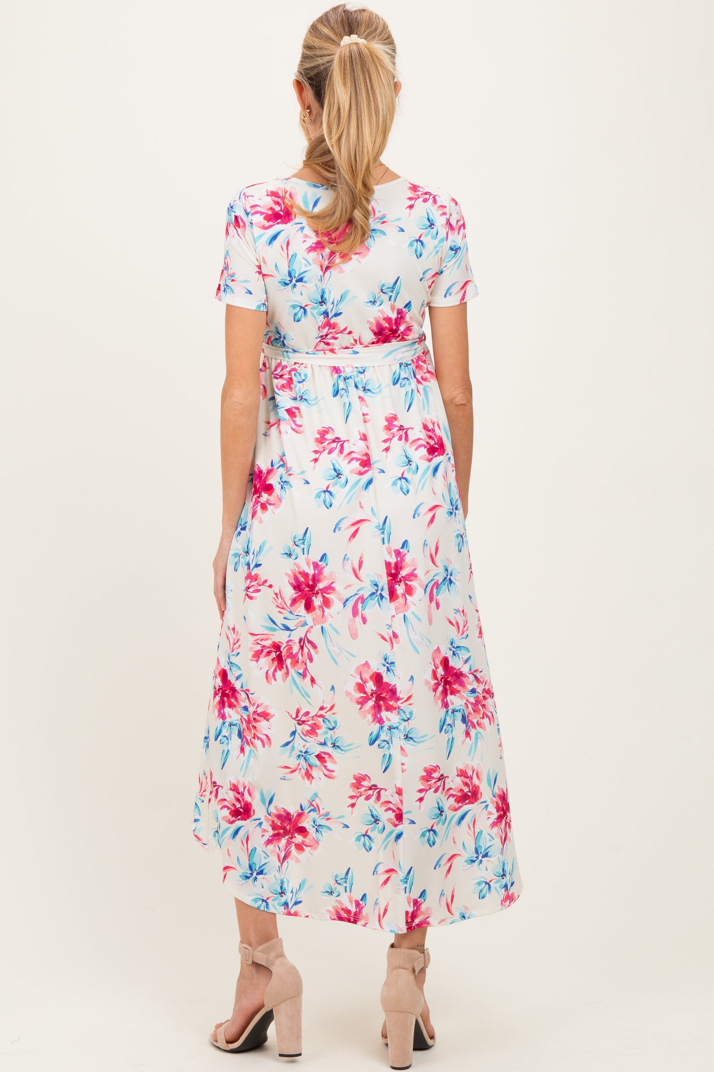 Taupe Floral Print Short Sleeve Hi-Low Maternity Wrap Dress