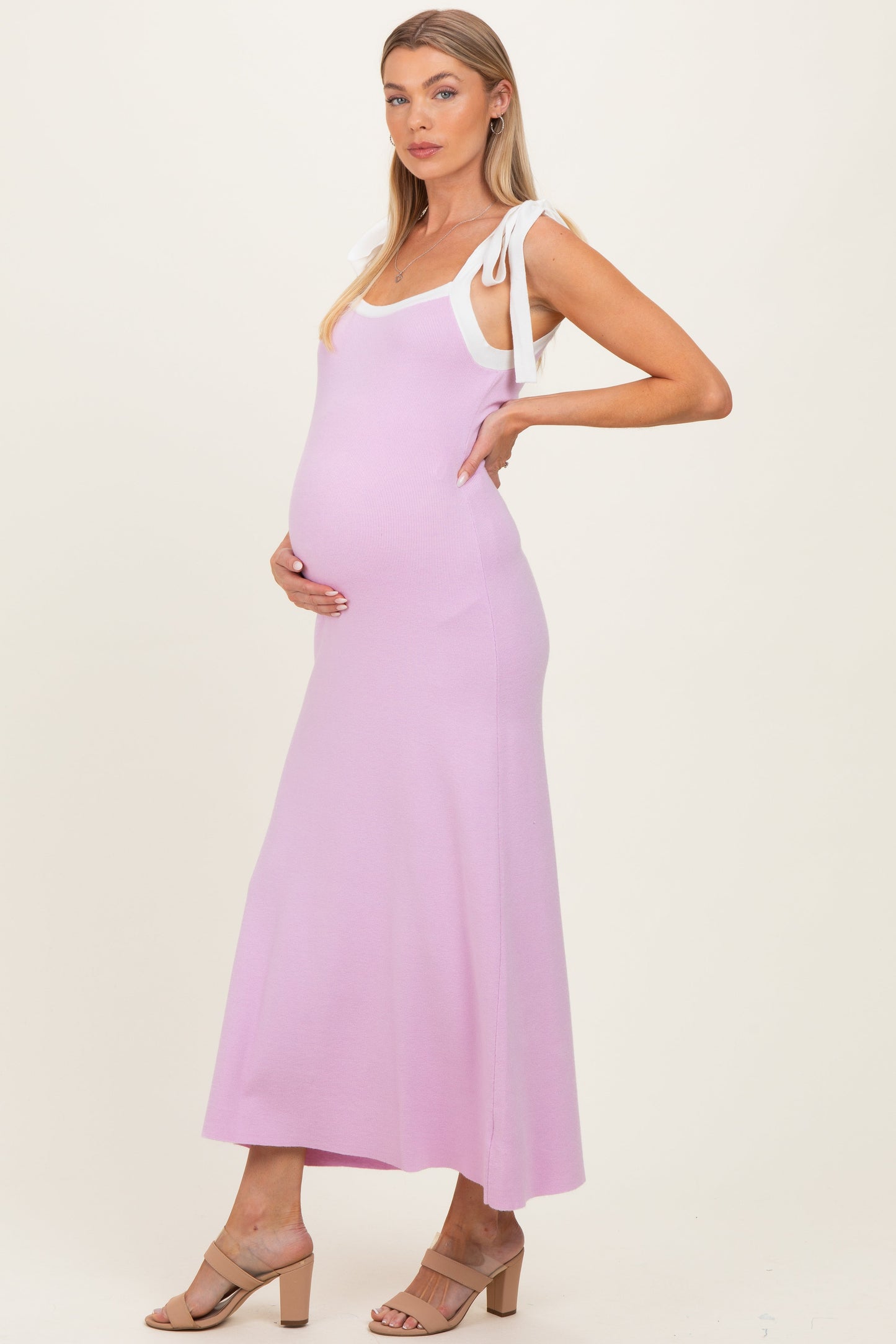 Pink Knit Contrast Shoulder Tie Maternity Dress