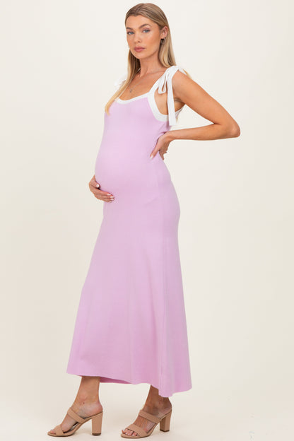 Pink Knit Contrast Shoulder Tie Maternity Dress