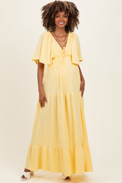 Yellow Woven Textured Flutter Sleeve V-Neck Tiered Maternity Maxi Dress