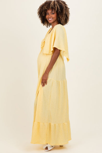 Yellow Woven Textured Flutter Sleeve V-Neck Tiered Maternity Maxi Dress