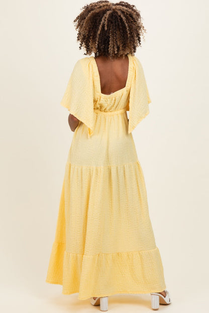 Yellow Woven Textured Flutter Sleeve V-Neck Tiered Maternity Maxi Dress