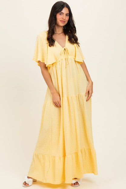 Yellow Woven Textured Flutter Sleeve V-Neck Tiered Maternity Maxi Dress