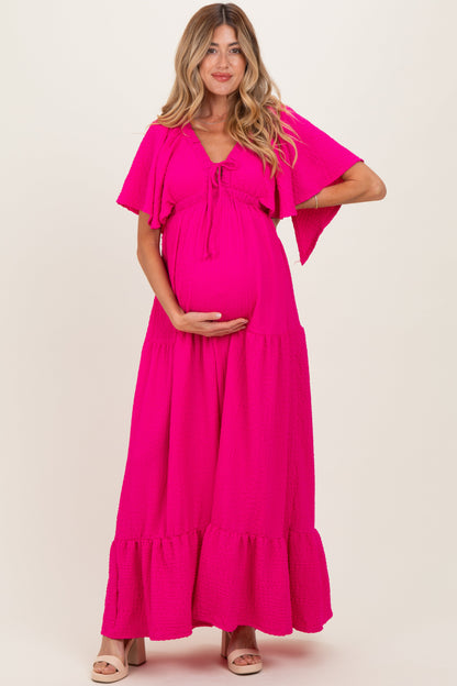 Fuchsia Woven Textured Flutter Sleeve V-Neck Tiered Maternity Maxi Dress