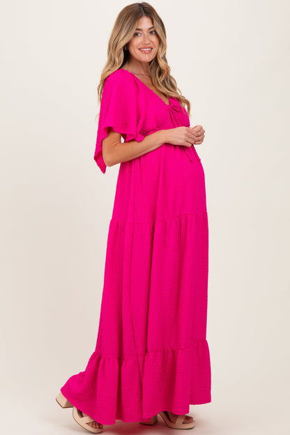 Fuchsia Woven Textured Flutter Sleeve V-Neck Tiered Maternity Maxi Dress