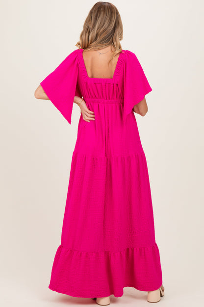 Fuchsia Woven Textured Flutter Sleeve V-Neck Tiered Maternity Maxi Dress