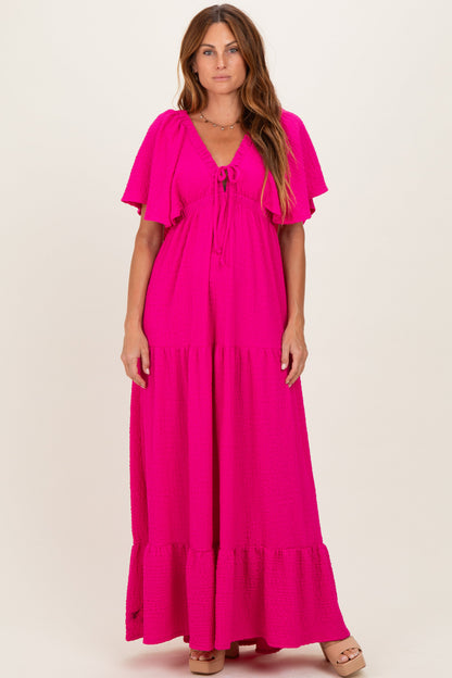 Fuchsia Woven Textured Flutter Sleeve V-Neck Tiered Maternity Maxi Dress