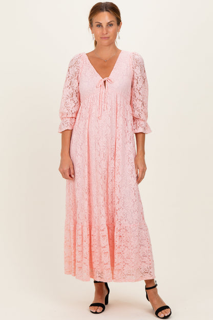 Light Pink Floral Lace 3/4 Ruffle Sleeve V-Neck Maternity Maxi Dress
