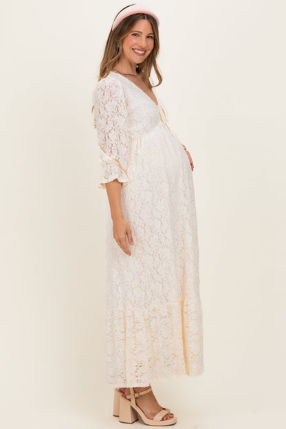 Ivory Floral Lace 3/4 Ruffle Sleeve V-Neck Maternity Maxi Dress