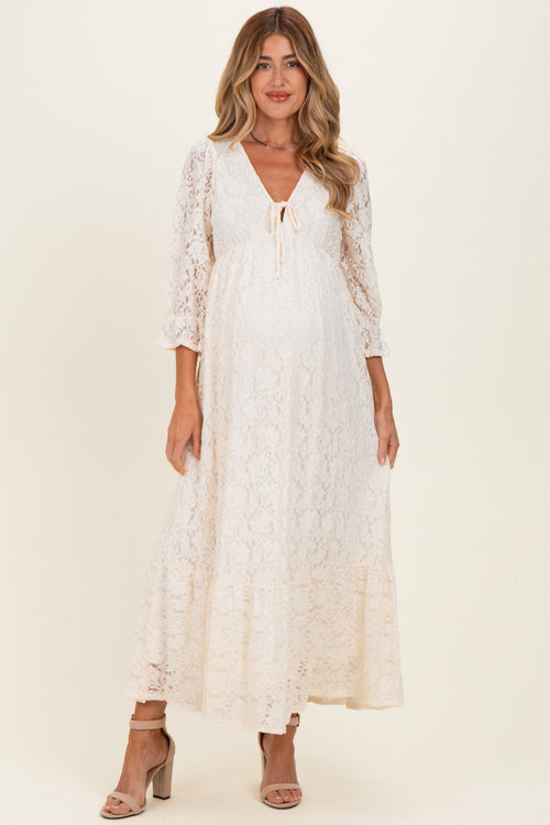 Ivory Floral Lace 3/4 Ruffle Sleeve V-Neck Maternity Maxi Dress