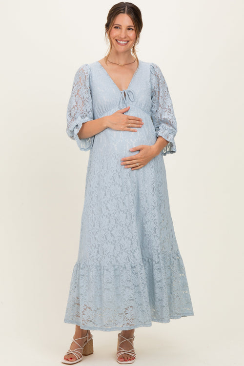 Light Blue Floral Lace 3/4 Ruffle Sleeve V-Neck Maternity Maxi Dress