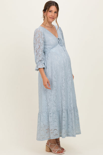 Light Blue Floral Lace 3/4 Ruffle Sleeve V-Neck Maternity Maxi Dress