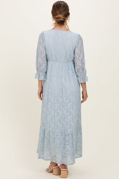 Light Blue Floral Lace 3/4 Ruffle Sleeve V-Neck Maternity Maxi Dress