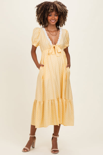 Yellow Polka Dot Short Sleeve Lace V-Neck Ruffle Hem Maternity Maxi Dress