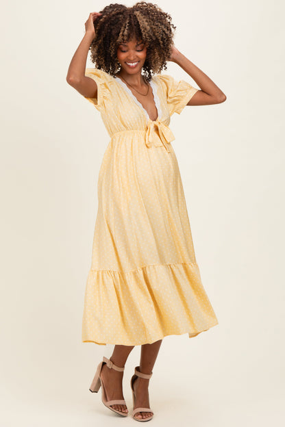 Yellow Polka Dot Short Sleeve Lace V-Neck Ruffle Hem Maternity Maxi Dress
