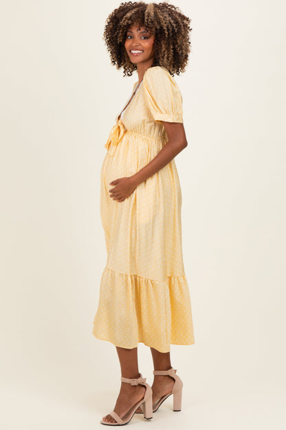 Yellow Polka Dot Short Sleeve Lace V-Neck Ruffle Hem Maternity Maxi Dress