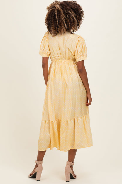 Yellow Polka Dot Short Sleeve Lace V-Neck Ruffle Hem Maternity Maxi Dress