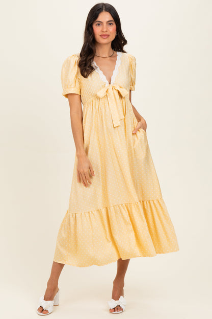 Yellow Polka Dot Short Sleeve Lace V-Neck Ruffle Hem Maternity Maxi Dress