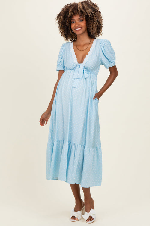 Light Blue Polka Dot Short Sleeve Lace V-Neck Ruffle Hem Maternity Maxi Dress