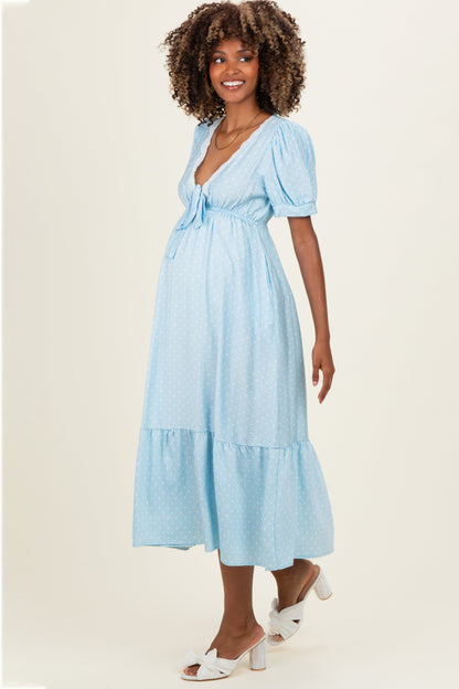 Light Blue Polka Dot Short Sleeve Lace V-Neck Ruffle Hem Maternity Maxi Dress