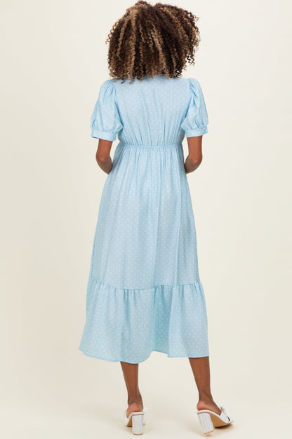 Light Blue Polka Dot Short Sleeve Lace V-Neck Ruffle Hem Maternity Maxi Dress