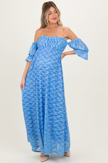 Blue Floral Lace Off Shoulder Ruffe Sleeve Maternity Maxi Dress