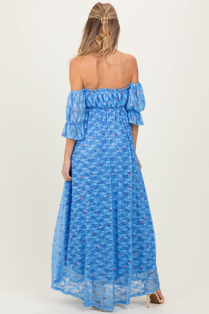 Blue Floral Lace Off Shoulder Ruffe Sleeve Maternity Maxi Dress