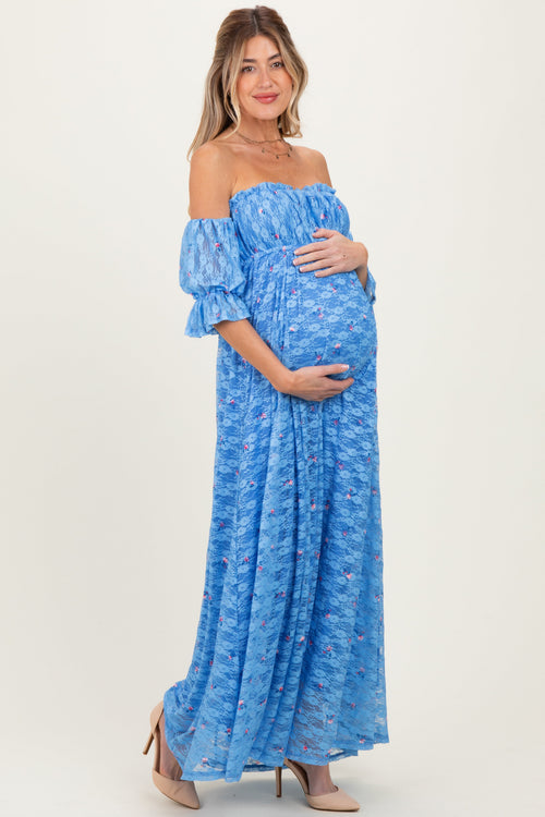 Blue Floral Lace Off Shoulder Ruffe Sleeve Maternity Maxi Dress