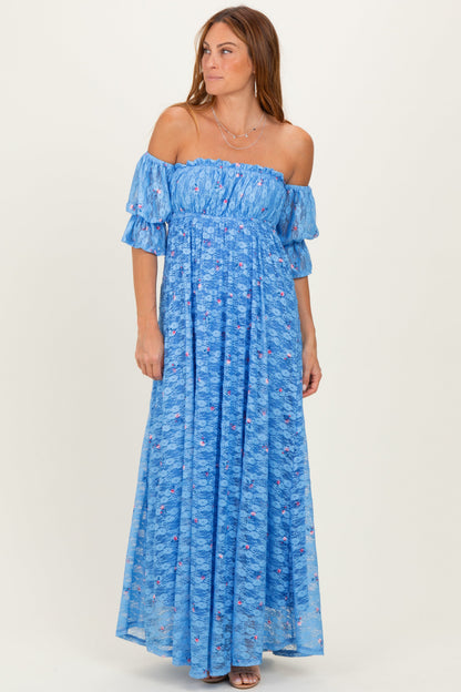 Blue Floral Lace Off Shoulder Ruffe Sleeve Maternity Maxi Dress