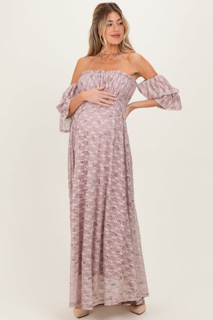 Taupe Floral Lace Off Shoulder Ruffe Sleeve Maternity Maxi Dress