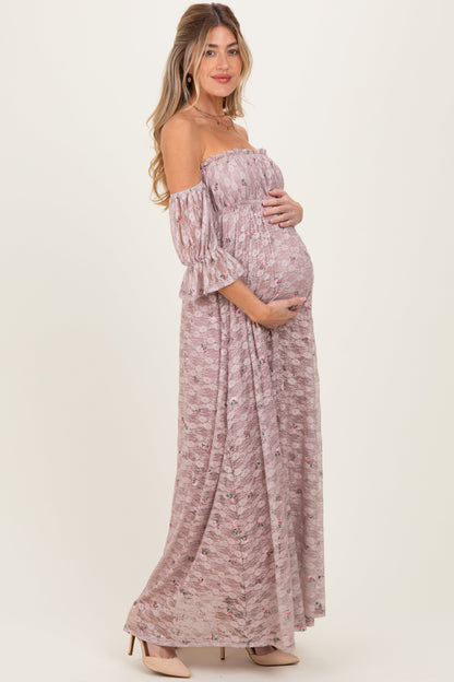 Taupe Floral Lace Off Shoulder Ruffe Sleeve Maternity Maxi Dress