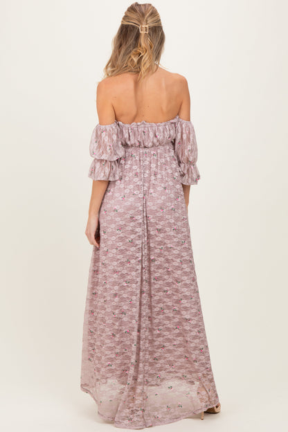 Taupe Floral Lace Off Shoulder Ruffe Sleeve Maternity Maxi Dress